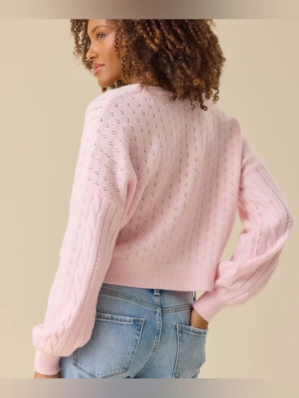 Altar'd State Light Pink Cropped Knit Cardigan with Rose Buttons: Medium